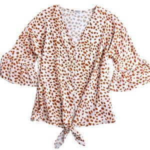Kancystore Womens Rust Cheetah Print‎ Tie Front Ruffle Bell Sleeve Blouse XL